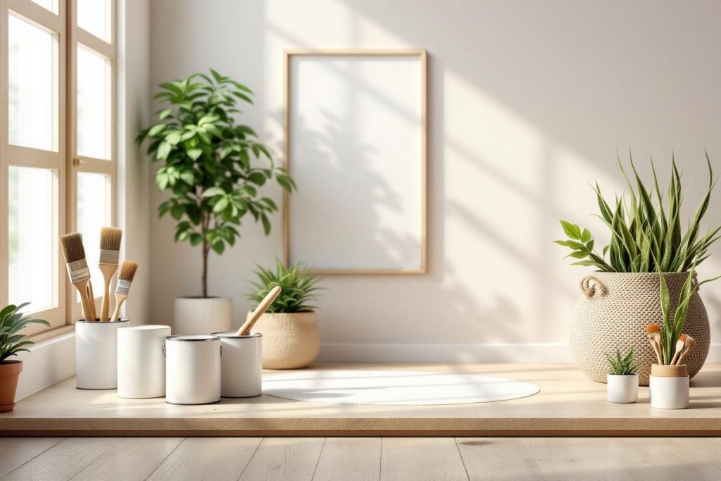 Bureau avec plantes, cadre vide et pinceaux sur surface claire